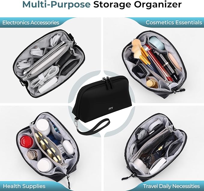 FYY Travel Cable Organizer - 8 Compartments Lightweight Water Resistant Tech Pouch with Wrist Strap, Portable Electronic Accessories Case for Cord Charger Storage for Travel Home Office, Black (Small)