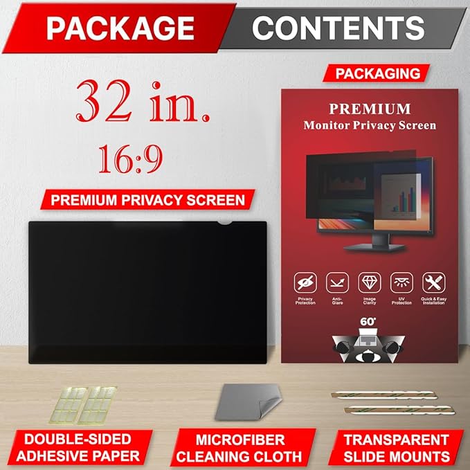 32 Inch Privacy Screen Filter for Widescreen 16:9 Monitor | Privacy Shield | Anti-Glare | Anti-Blue light | Eye Protection | Computer Security Private Filter Protector