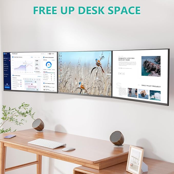 WALI Triple Monitor Wall Mount for 32" Screens,Each Arm Holds up to 19.8 lbs.Swivel Tilt Curved Wall Mount with Mounting Holes 75x75/100x100mm.(013ARMN), Black