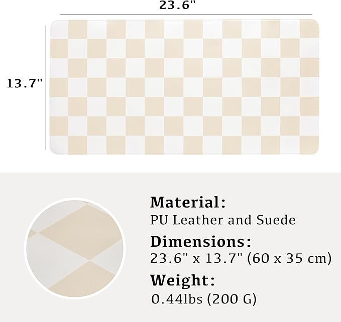 Checkered Desk Mat, Large Cute Aesthetic Retro PU Leather Computer Laptop Desk Mat, Non-Slip Waterproof Mouse Keyboard Pad, Desk Writing Mat for Work/Home (Beige, 23.6" x 13.7")