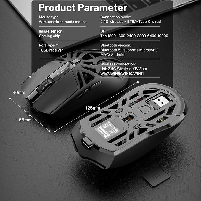Wireless Gaming Mouse, 10000 DPI, Tri-Mode 2.4GHz/Bluetooth/Wired Mouse, 6 Buttons, Digital Display, Silent Mice, Rechargeable, Customizable Macro and RGB Backlight for PC/Mac/Laptop (Black)