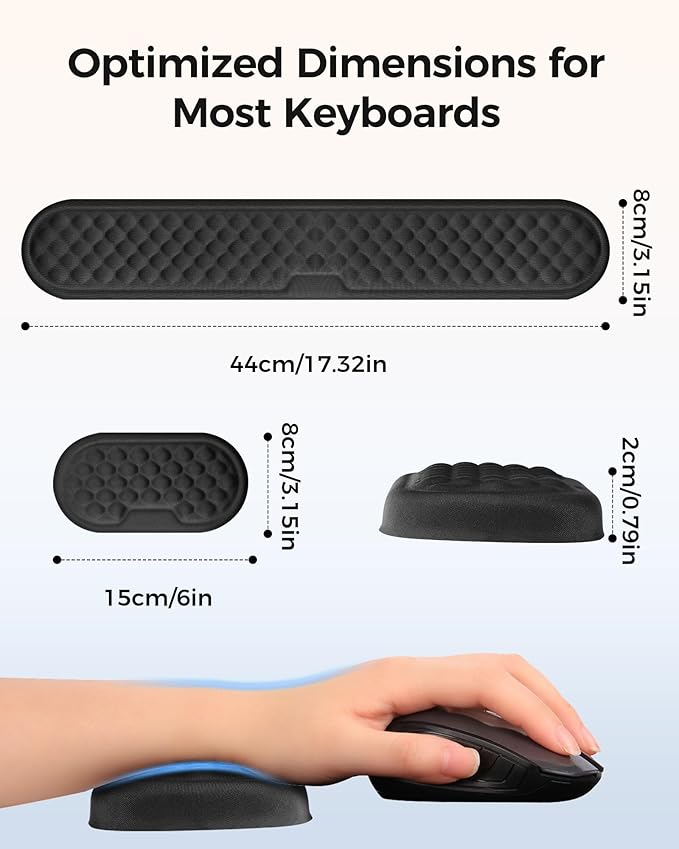 Wrist Rest Set for Keyboard and Mouse, Ergonomic Wrist Support with Soft Memory Foam, Silky Lycra Cover, Non-Slip Base (Dark Black)