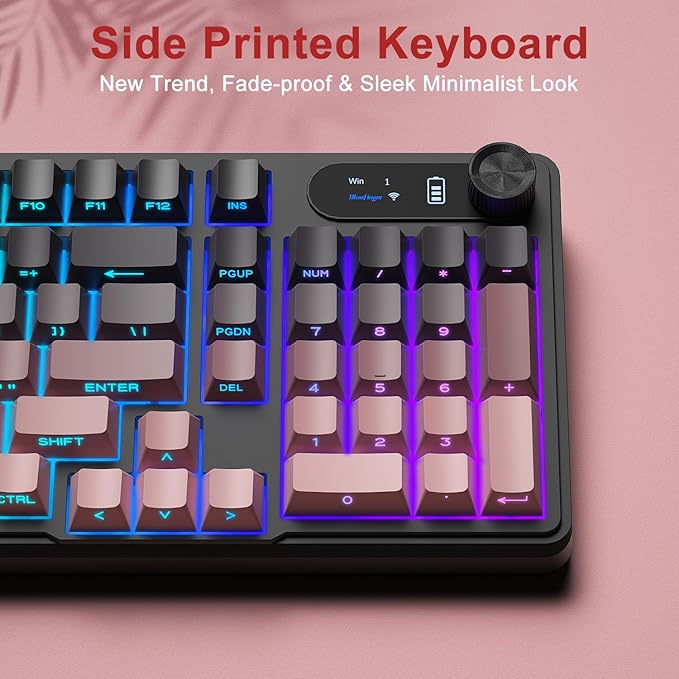 BlueFinger Wireless Gaming Keyboard, RGB Backlit, Tri-Mode Bluetooth/2.4G/USB-C, 98 Keys Quiet Keyboard with Number Pad, Volume Knob & Screen, Side Printed PBT Keycaps for PC/Mac/Laptop