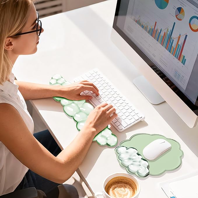 Keyboard Wrist Rest Set — Ergonomic Cloud Wrist Rest Keyboard and Mouse Pad, Non-Slip Desk Accessories for Office and Home(Green)