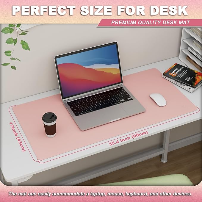 K KNODEL Leather Desk Pad Protector, Office Desk Mat, Large PVC Leather Desk Blotter, Non-Slip Mouse Pad (Pink, 17" x 35.4")