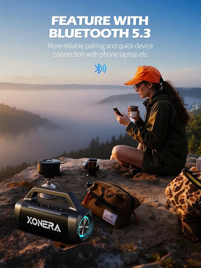 Speakers Bluetooth Wireless, 80W Peak Loud Outdoor Speaker with Bass, 20H Playtime, IPX6 Waterproof, TWS,BT5.3, Portable for Camping Hiking Boating Pool Beach(Black)