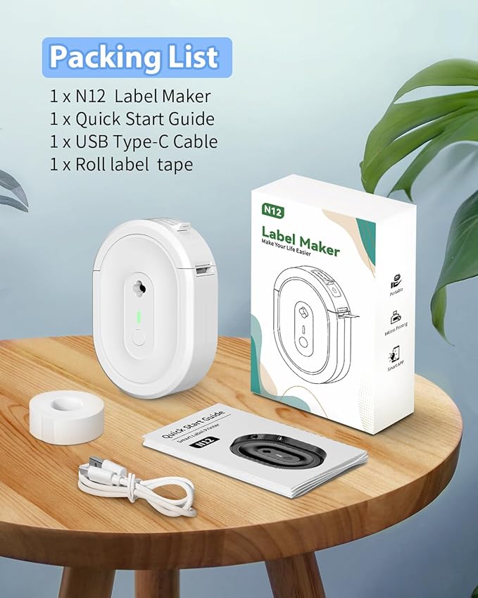Label Maker Machine with Tape, N12 Portable Bluetooth Label Printer, Wireless Mini Label Makers Thermal Sticker with Multiple Templates for Home, Kitchen, School, Office Organization, White