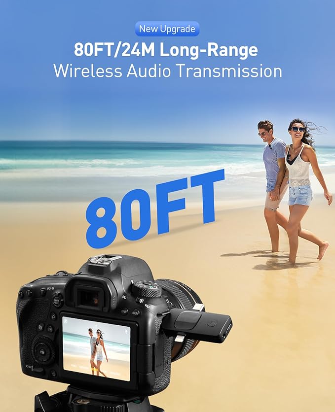 3-in-1 Mini Microphone for iPhone: Wireless Lavalier Microphone with 80ft Range & 15H Battery - Noise Reduction Lapel Mic, Real-Time Monitoring for Video Recording, Vlog, Bright Black