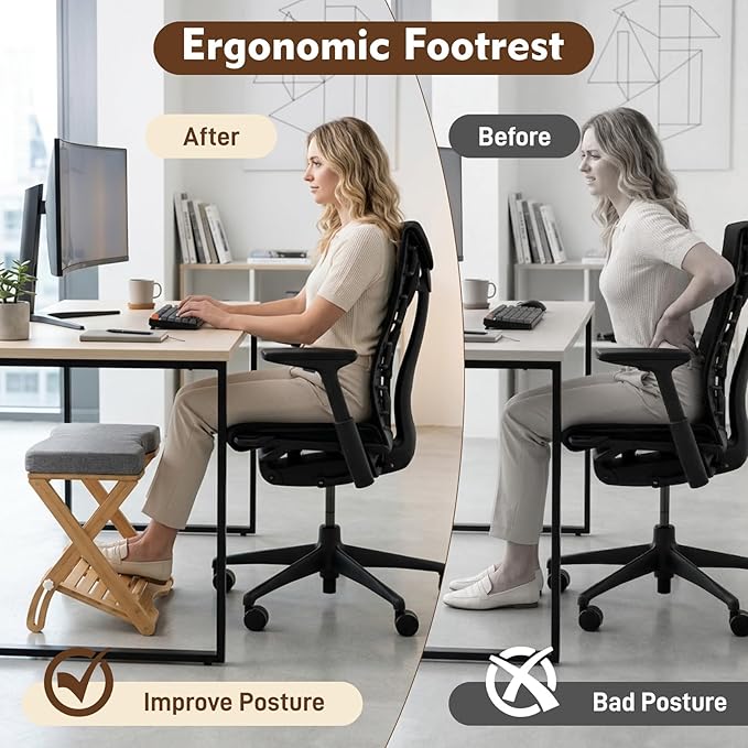 Double Step Footrest Under Desk,6 Adjustable Heights with Adjustment Knob,Adjustable lErgonomic Foot Stool Under Desk for Home &Office,Cushioned Top &Non-Slip Surface,Excellent Bamboo Wood