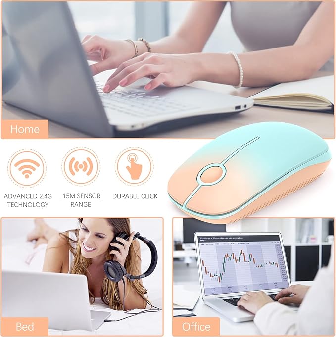 Unipows Wireless Mouse - 2.4G Slim Portable Computer Mouse with Nano Receiver, Less Noise Mobile Optical Mice for Notebook, PC, Laptop, Computer, Mac (Gradient Orange to Mint Green)