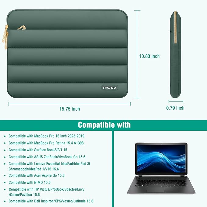MOSISO Laptop Case 16 inch, 15-15.6 inch Puffy Laptop Sleeve Compatible with MacBook Pro 16 M5 M4 M3 M2 M1, HP Dell ASUS Acer Toshiba Lenovo, Polyester Horizontal Bag with Small Case, Emerald Green