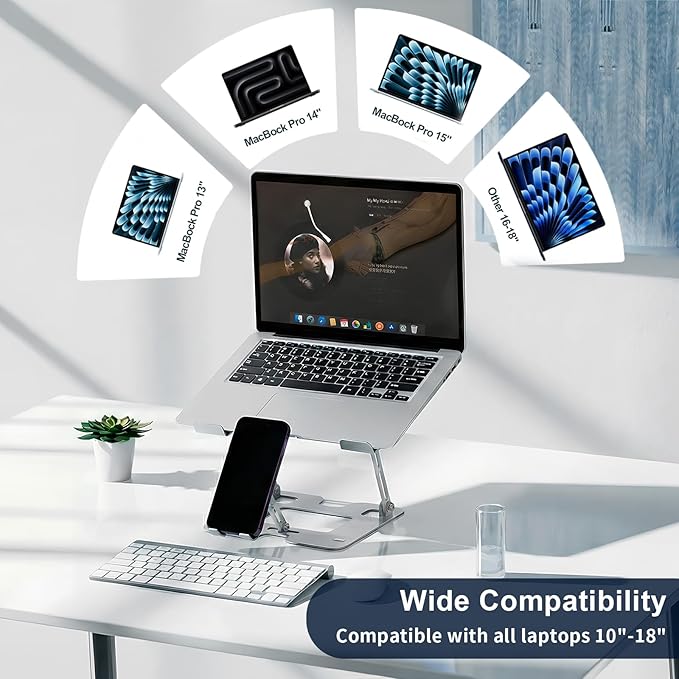 Alloy Steel Laptop Stand, Ergonomic 2-in-1 Laptop & Phone Stand, Adjustable & Portable Laptop Stand for Desk, Computer Stand, Compatible with MacBook Pro/Air and More 10-18" Laptops - Silver