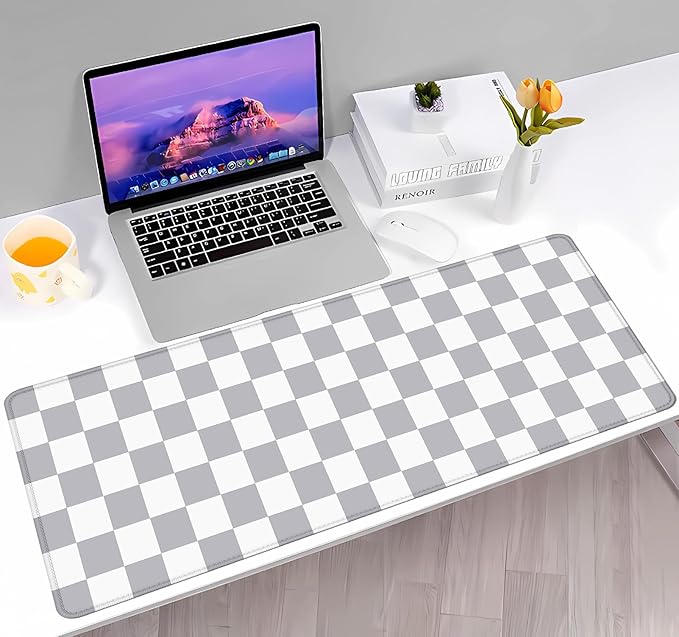 Grey Checkered Desk mat, Boho Gray Pattern Large Mouse Pad, Desk Protector Pad Writing Mat for Work Home Decor, Gaming Mousepad, Big Mouse Mat for Office Computer Laptop, 31.5 X 11.8 in