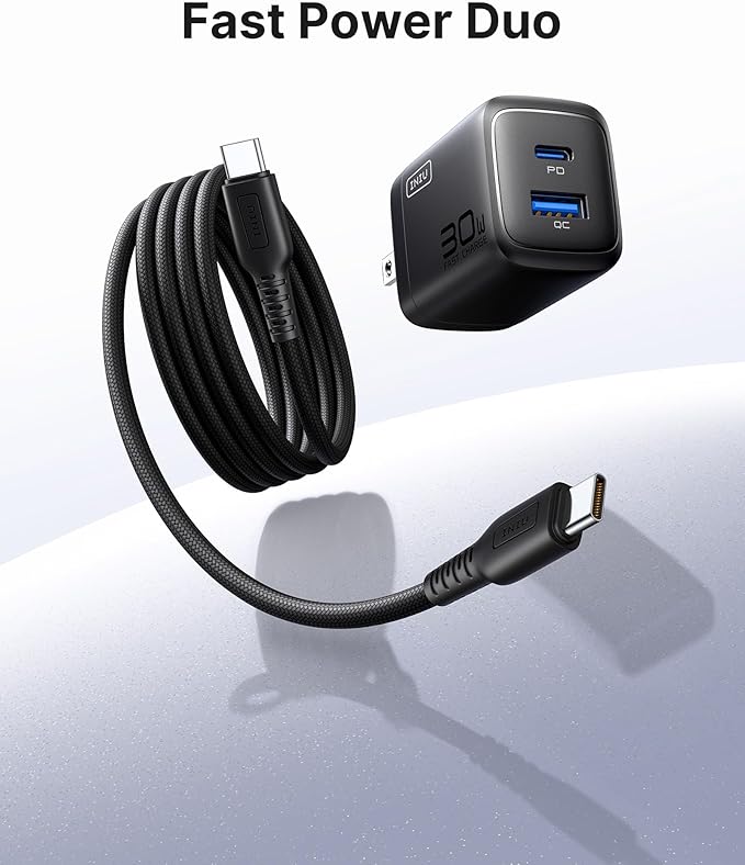 INIU for iPhone 17 Charger, 30W 2-Port Type C Charger Fast Charging, Foldable USB C Charger Block with USBC Cable for iPhone 17 16 15 Pro Max, MacBook Air 13 M4 iPad 13 11, Samsung S25 S24, Goodle etc