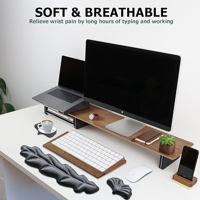 Ergonomic Keyboard Wrist Rest, Leaf Shape PU Leather Memory Foam Wrist Support for Computer Keyboard, Keyboard Pad and Cute Mouse Wrist Pad for Gaming,Office, Computer, Typing Pain Relief, Black