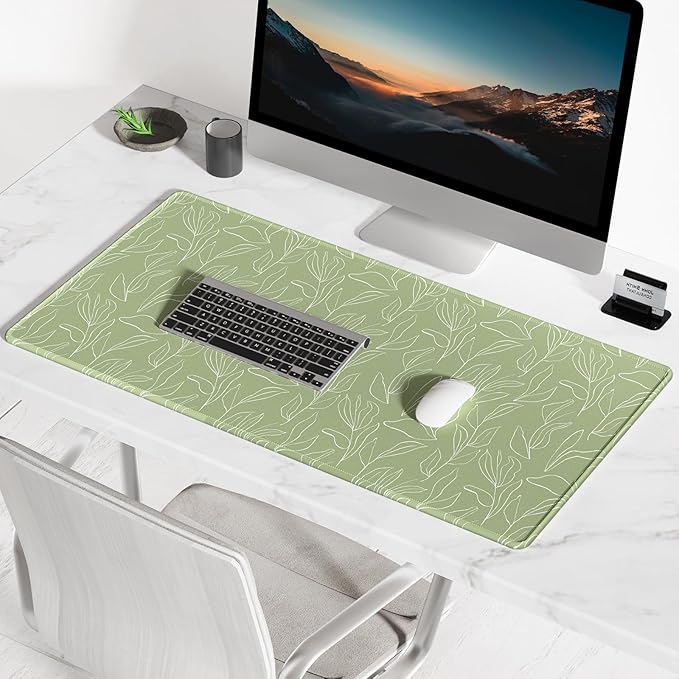 BOSOBO Large Desk Pad - XXL XL Extended Gaming Mouse Pad, Office & Home Mat, Long Keyboard Cover, Desktop Full Cover 31.5 x 11.8 Inches, Minimalist Green Leaf