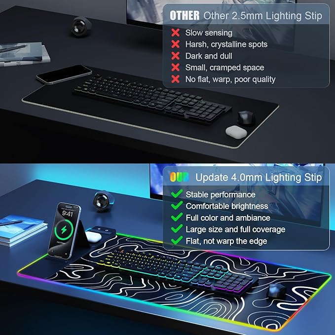 Mouse Pad with Foldable Phone Holder, Wireless Charging Desk Mat, RGB Gaming Mousepad Large Desk Pad with Non-Slip Base, Waterproof Keyboard Pad, Classic Black (XXL Stand Topographic)