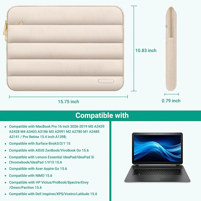 MOSISO Laptop Case 16 inch, 15-15.6 inch Puffy Laptop Sleeve Compatible with MacBook Pro 16 M5 M4 M3 M2 M1, HP Dell ASUS Acer Toshiba Lenovo, Polyester Horizontal Bag with Small Case, Sand