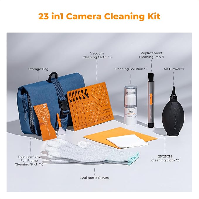 K&F CONCEPT 23 in 1 Camera Lens Cleaning Kit for DSLR Filter with Replaceable Cleaning Pen+Air Blower+Cleaning Liquid+Cleaning Cloth*2+Full-Frame Swab*10+Vacuum Cleaning Cloth*6+Anti-Static Gloves - Image 8