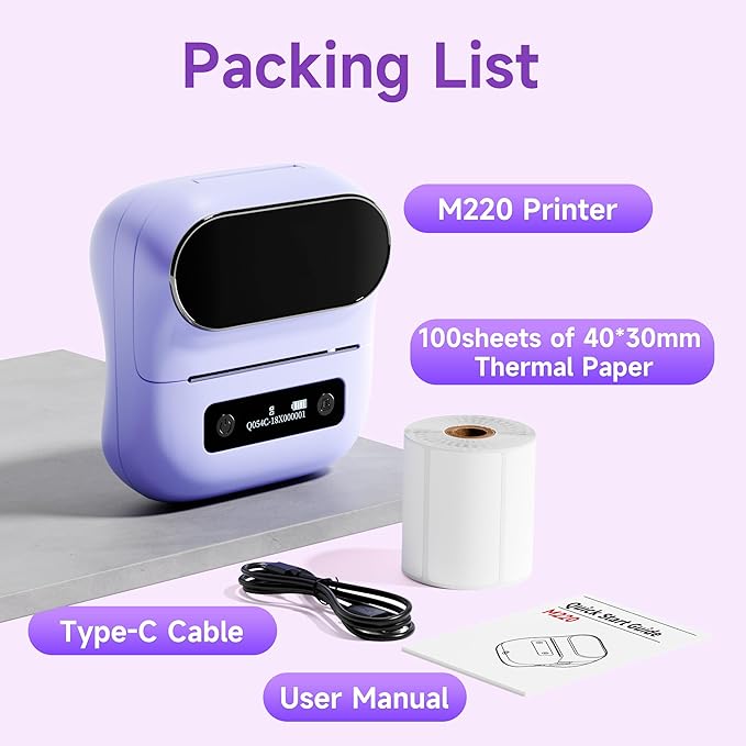 M220 Bluetooth Label Maker, Sticker Maker Support Printing 0.78-3.14 inch, Mini Thermal Printer for Small Business & Home,Portable Printer Compatible with Smartphone and PC (Purple)