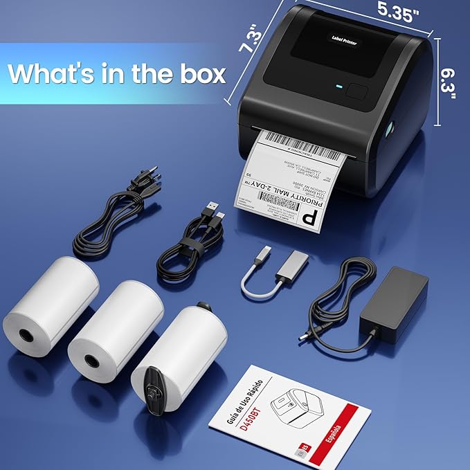 Bluetooth Shipping Label Printer with 3 Roll Labels, D450BT Thermal Label Printer 4x6 for Small Business, Thermal Printers Come with 750PCS 4x6 White Labels (250 Labels/Roll)