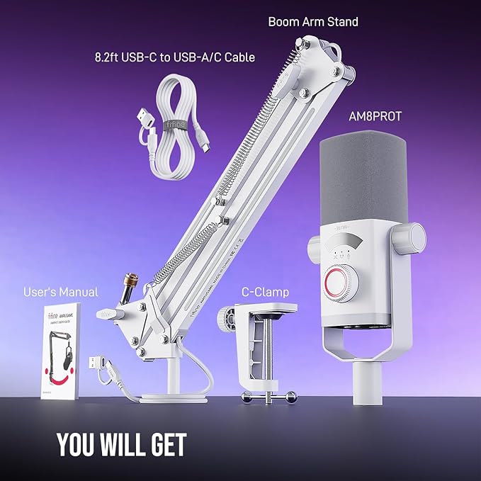 FIFINE Streaming Microphone Kit for Gaming, XLR/USB Dynamic Mic with RGB Boom Arm Stand for Podcast Vocal, PC Microphone with Mute Tap, 3-in-1 Volume Knob, Audio Balance-AmpliGame AM8PROT White