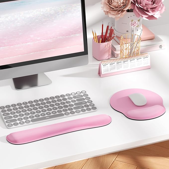 KTRIO Ergonomic Keyboard Wrist Rest and Mouse Pad with Wrist Rest Set, Memory Foam Wrist Support for Typing, Gaming, Office and Home Use, Pale Pink
