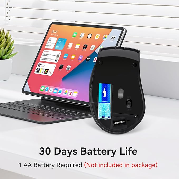 AUSDOM Wireless Mouse for Laptop - Computer Mouse with 2.4G USB Mini Receiver, 1600 DPI Optical Tracking, Cordless Portable Computer Mice for PC, Mac, Notebook, Black