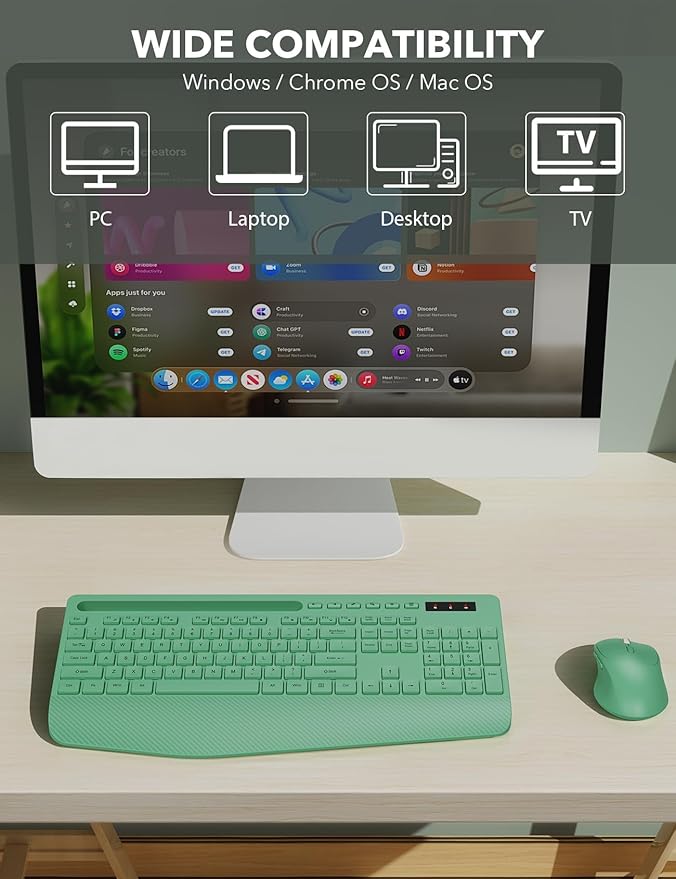 Wireless Keyboard and Mouse Combo - Full-Sized Ergonomic Keyboards with Wrist Rest, Phone Holder, Sleep Mode, Silent 2.4GHz Cordless Combo for Computer, Laptop, PC, Mac, Windows -Trueque