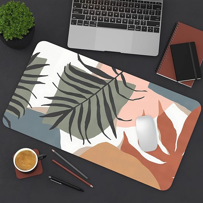Desk Mat Large Protector Pad 31.5" ×15.7", Non-Slip PU Leather Desk Blotter, Waterproof Mouse Pad for Office Home Abstract Leaf
