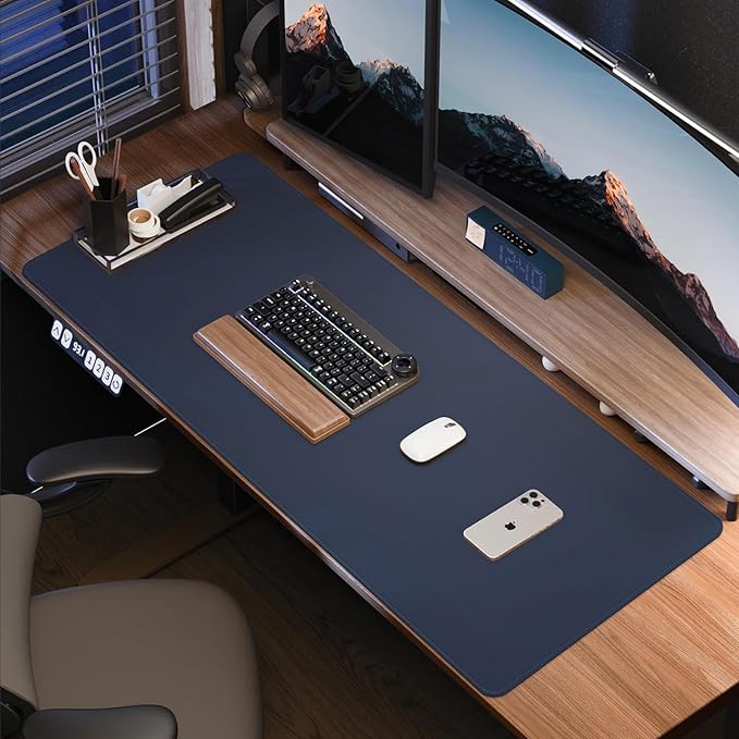 Desk Pad PU Leather Large Mouse Pad Laptop Computer Desk Mat Table Blotter Desktop Waterproof Non-Slip Protector for Office and Home (Dark Blue, 90x43cm)