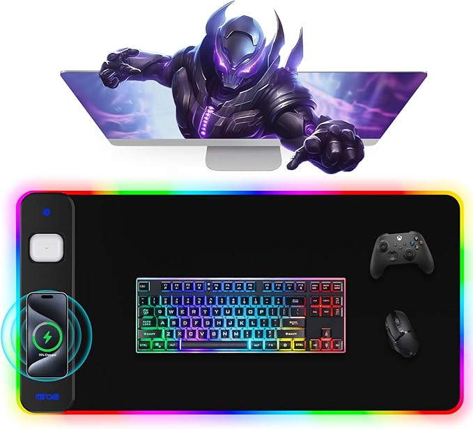 Magnetic Charging Mouse Pad 31.5x15.75, 15W Fast Wireless Charging Desk Mat, XXL Desk Pad RGB Gaming Mousepad, Home Office Large Keyboard Pad with Ultra-Smooth Surface, Non-Slip Base