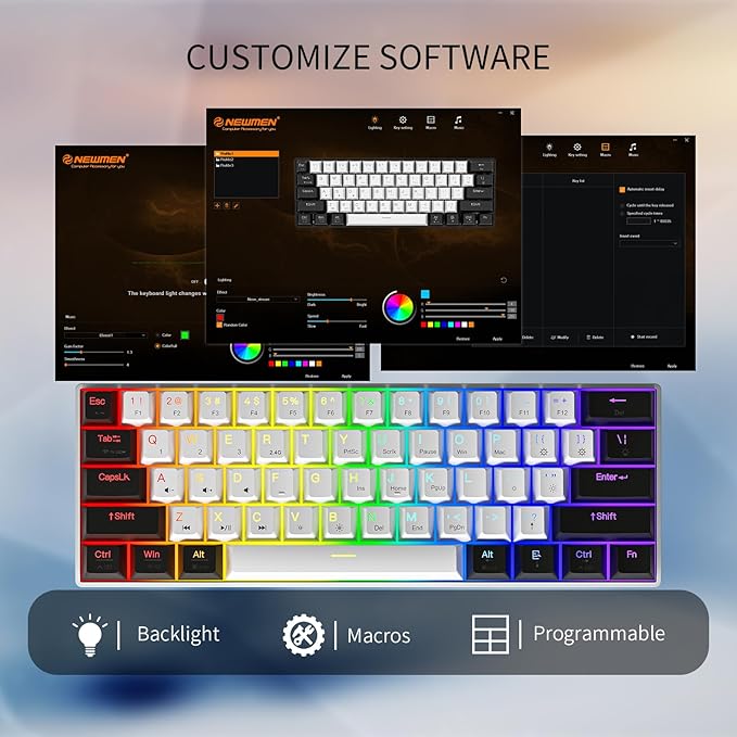 Newmen GM610 60% Wireless Mechanical Gaming Keyboard,Wired/Bluetooth/2.4G Keyboard,RGB Backlit,61 Anti-Ghosting Keys,Programmable,Hot-Swappable,for Windows Mac Android (Black-White/Red Switch)
