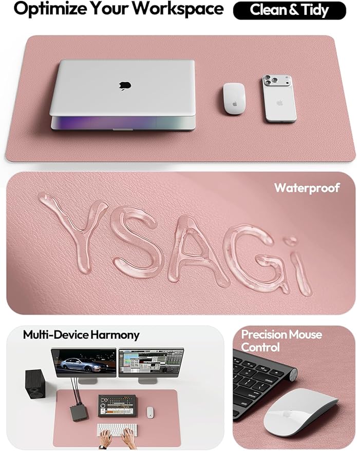 YSAGi Leather Desk Protector, Office Mat, Large Mouse Mat, Non-Slip PU Leather Blotter, Laptop Pad, Waterproof Writing Pad for Office and Home (Pale Mauve, 47" x 17")