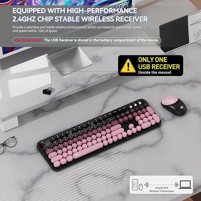 Wireless Keyboard and Mouse Combo, 2.4 GHz Wireless Full-Sized Typewriter Keyboard with Round Keycaps for Windows, Computer, Desktop, PC, Laptop (Pink)