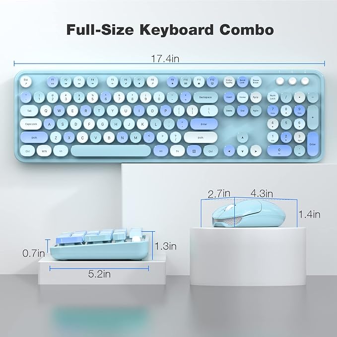 KNOWSQT Wireless Keyboard and Mouse Combo, Blue 104 Keys Full-Sized 2.4 GHz Round Keycap Colorful Keyboards, USB Receiver Plug and Play, for Windows, Mac, PC, Laptop, Desktop