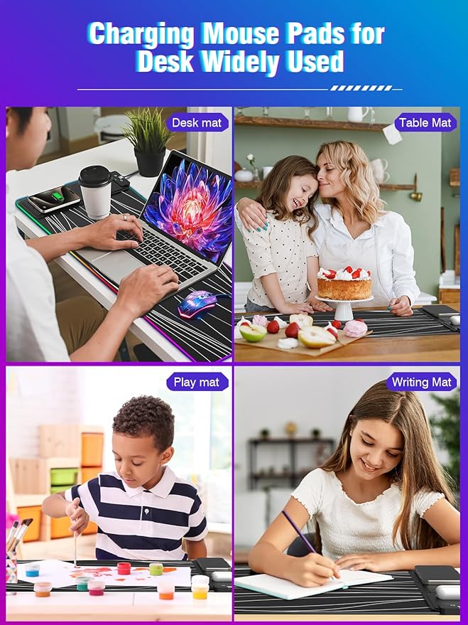 XXL Mouse Pad with Foldable Phone Holder - Black, RGB Desk Mat with 15W Fast Charging, LED Gaming Mousepad with 11 Light Colors, Waterproof Non-Slip Pad (Stand XXL RGB Wavy)