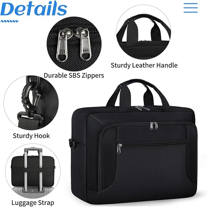 Laptop Bag 17.3 Inch Laptop Briefcase Large Waterproof Laptop Case for Men Women Business Office Work Computer Bag 17 Inch Adjustable Shoulder Messenger Bag, Black