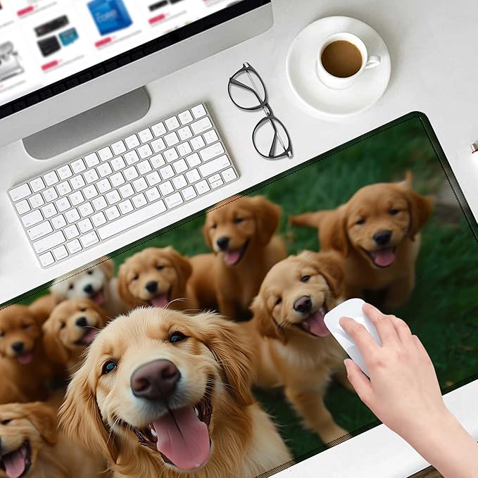 Large Golden Retriever Mouse Pads for Desk, Cute Dog Extended Gaming Mouse Pad with Stitched Edges,Non-Slip Natural Rubber Base,Waterproof Computer Mouse Pad Keyboard Mat