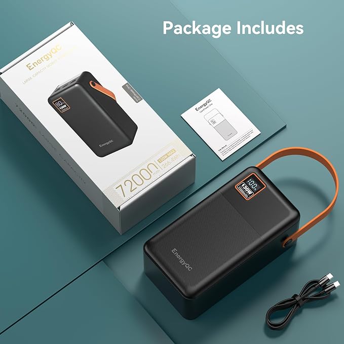EnergyQC Power Bank 72000mAh Power Station, 130W Fast Charging, Portable Outdoor Generator with Smart Digital Display, Retractable Lighting - Perfect for Travel, Camping, Home Backup