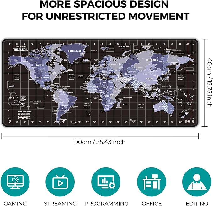 TIDALSOIL World Map Mouse Pad XXL 35.4 x 15.7 Inch – Oversized Extended Large Desk Pad with Non-Slip Base, Stitched Edges Mousepad, Smooth Surface for Keyboard, Mouse, Office, Gaming and Work