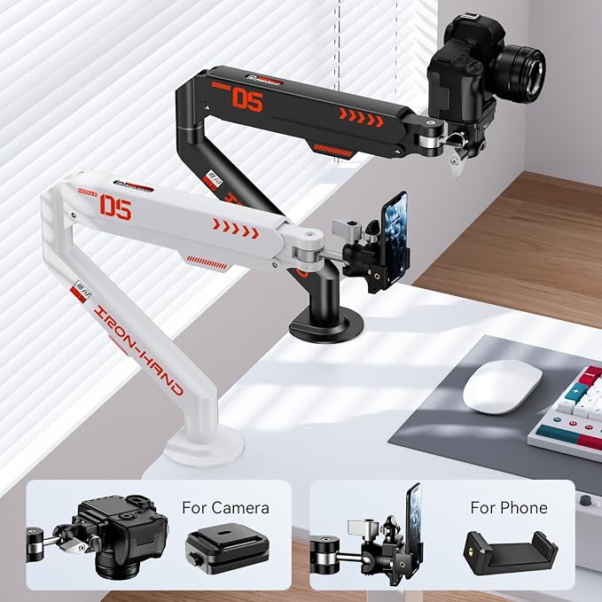 Overhead Camera Mount with 360° Adjustable Arm & Phone Holder for TikTok Live Streaming Photography Studio Content Creation, Desk Mount for for DSLR Camera/Webcam/Microphone, Black - Image 8