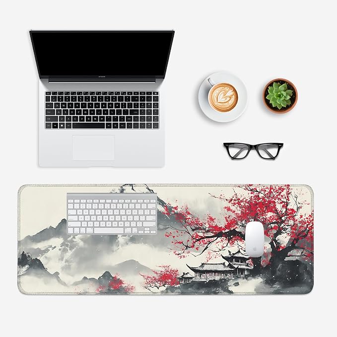 Mouse Pad, Large Anti-Slip with Stitched Edges Desk Mat Desktop Laptop Computer Desk Keyboard Mat,Table Protector Blotter Mat (Plum Blossom, 31.5" x 11.8")