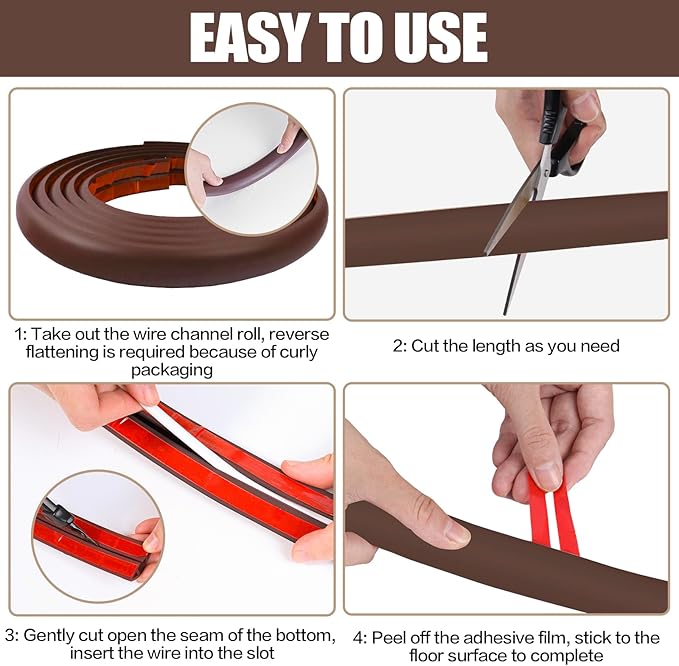 Floor Cord Cover Self Adhesive Cord Hider,10FT Cable Management, Extension Strip Protector for Wires, Prevent Cable Trips for Offices, Gyms, Exhibitions Cavity:0.51"(W) x 0.3"(H) Coffee - Image 8