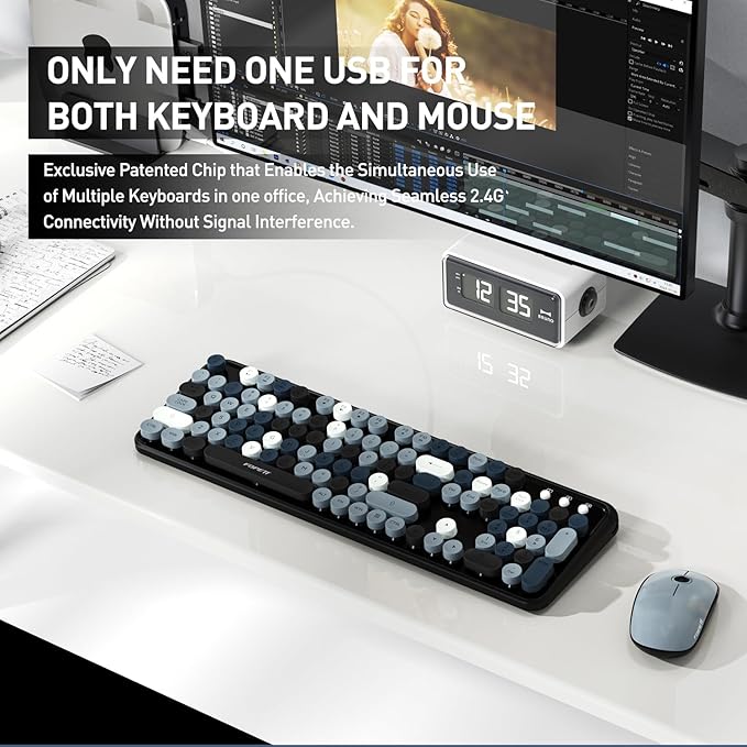 FOPETT 2.4GHz Wireless Keyboard and Mouse Set with Switch Button - Full-Size Keyboard - Compatible for Windows/Laptop/PC/Notebook/Smart TV and More - Grey Colorful
