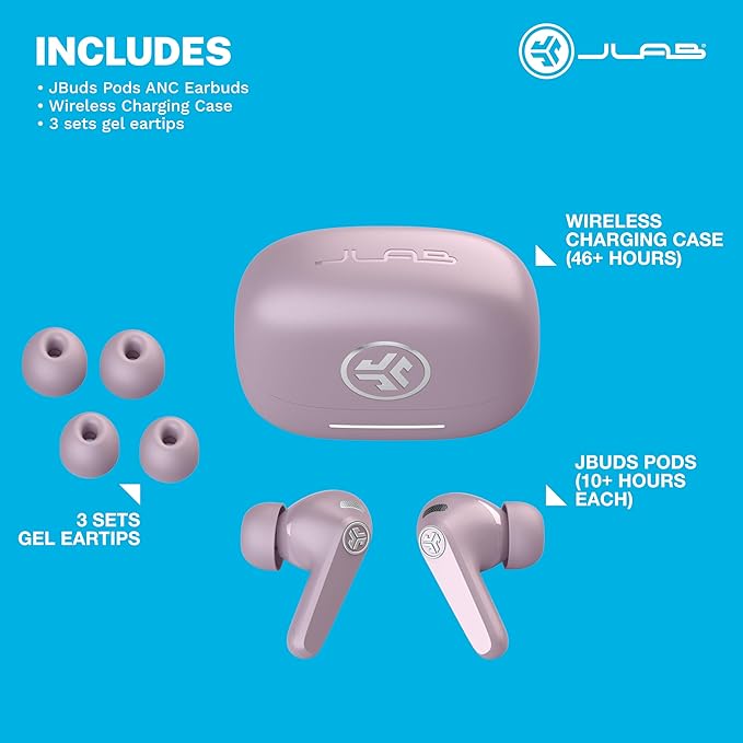 JLab JBuds Pods ANC True Wireless Bluetooth Earbuds, Hybrid Active Noise Canceling, 56+ Hours Playtime, Clear calls, Custom Sound via App, Wireless Charging, Bluetooth Multipoint, Be Aware Mode, Mauve