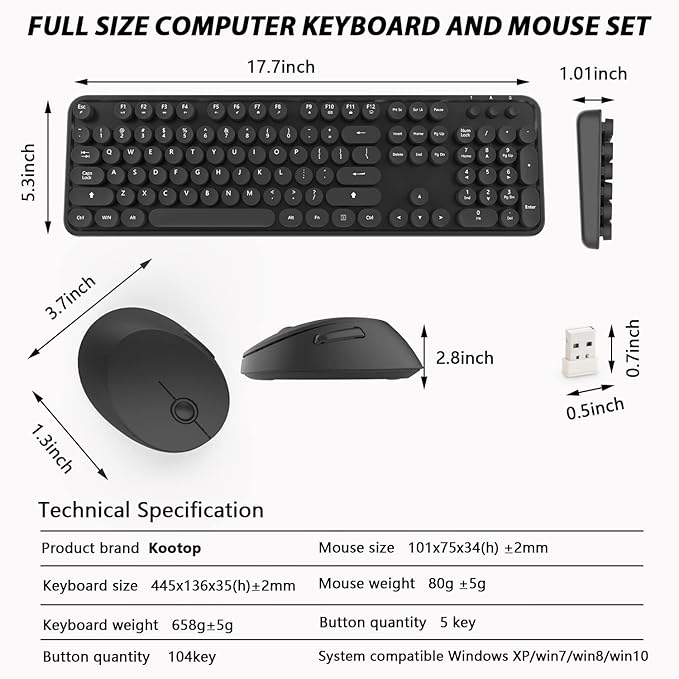 Wireless Keyboard and Mouse, KOOTOP Cute Black Keyboard and Mouse, 2.4G Wireless Keyboard with Retro Round Keycap for PC, Mac, Laptop,Tablet,Computer Windows (Black)