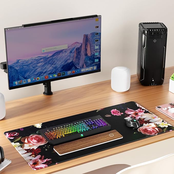 KTRIO Large Gaming Mouse Pad Desk Mat, Superior Micro-Weave Cloth, Non-Slip Rubber Base, Stitched Edges, Water-Resistant, for Gamer, Office & Home, 31.5 x 15.7 Inch,Peony Flower