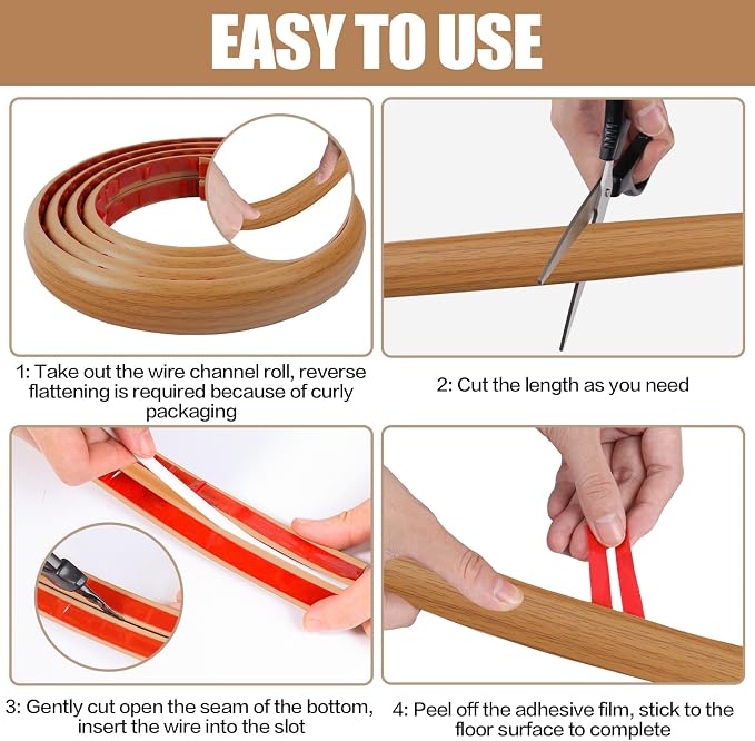 Floor Cord Cover Self Adhesive Cord Hider,3.3FT Cable Management, Extension Strip Protector for Wires, Prevent Cable Trips for Offices, Gyms, Exhibitions Cavity:0.47"(W) x 0.35"(H) Brown Wood - Image 8