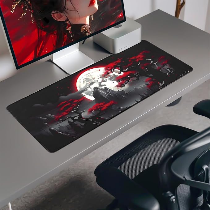 Large Gaming Mouse Pad, Anime Black Mousepad with with Non-Slip Base, Expanded Cool Desk Mat, Mountain Moon Scenery XL Keyboard Mat Suitable for Home Office,31.5 X 11.8 Inch